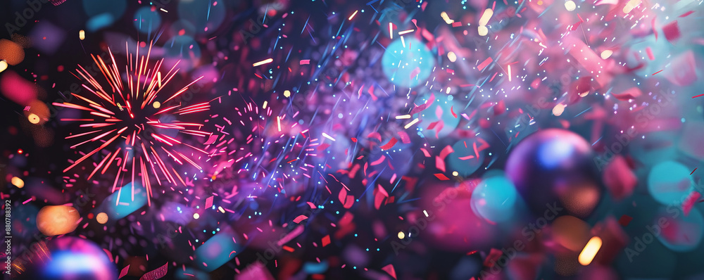 Fototapeta premium A retro-style 2025 Happy New Year banner with neon lights, vintage fonts, and a background of bursting fireworks and confetti.
