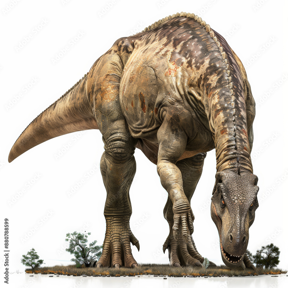 Fototapeta premium A detailed Edmontosaurus with its duck-billed mouth and robust body, grazing on vegetation, isolated on white background.