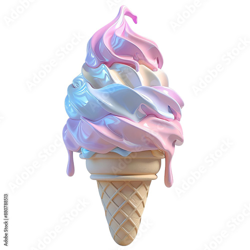 Vibrant pastel-colored swirled ice cream cone with dripping details, creating a dreamy and appealing visual treat perfect for summer themes.