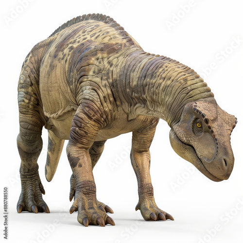 A peaceful Hadrosaurus with its herbivorous build and friendly appearance, grazing, isolated on white background.