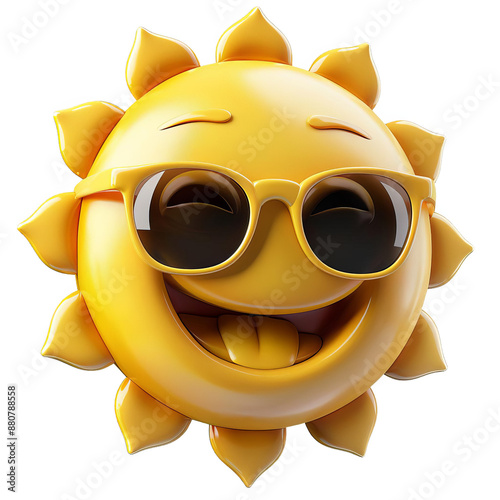 Smiling sun emoji with sunglasses, happy and cheerful, representing summer vibes, joy, and fun in a cute cartoon style.