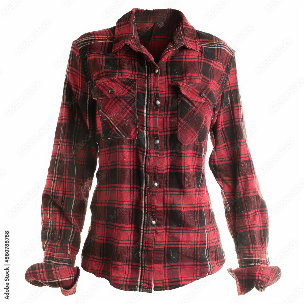 A casual red women's flannel shirt with long sleeves and buttoned cuffs, isolated on white background. A casual red women's flannel shirt with long sleeves and buttoned cuffs, isolated on white background.