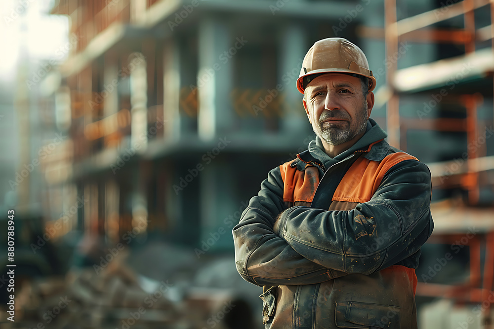 Worker with crossed arms, construction site in the background. Worker with crossed arms, construction site in the background.