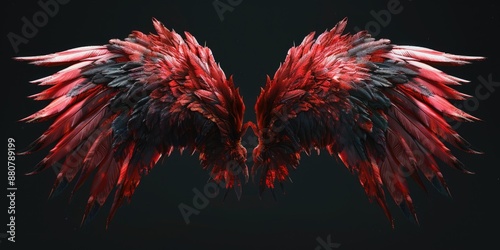 Silhouette of a pair of red and black wings on a black background, perfect for designs related to fantasy or mystery photo