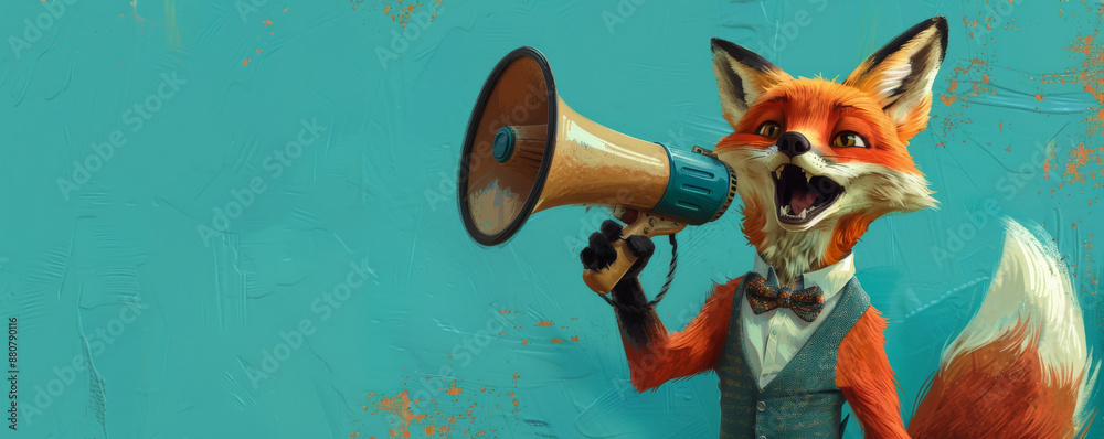 Fototapeta premium A trendy fox with a bow tie, using a megaphone on a blue background. The fox's sly expression and the megaphone's loud call make a striking image.