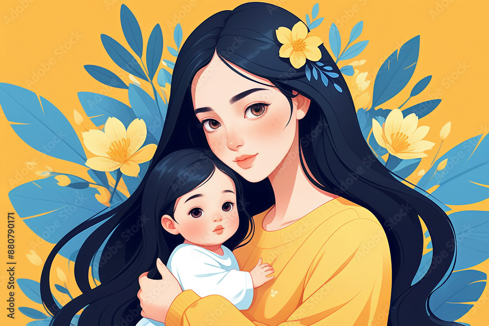 The mother holds her child and looks at the camera illustration The mother holds her child and looks at the camera illustration
