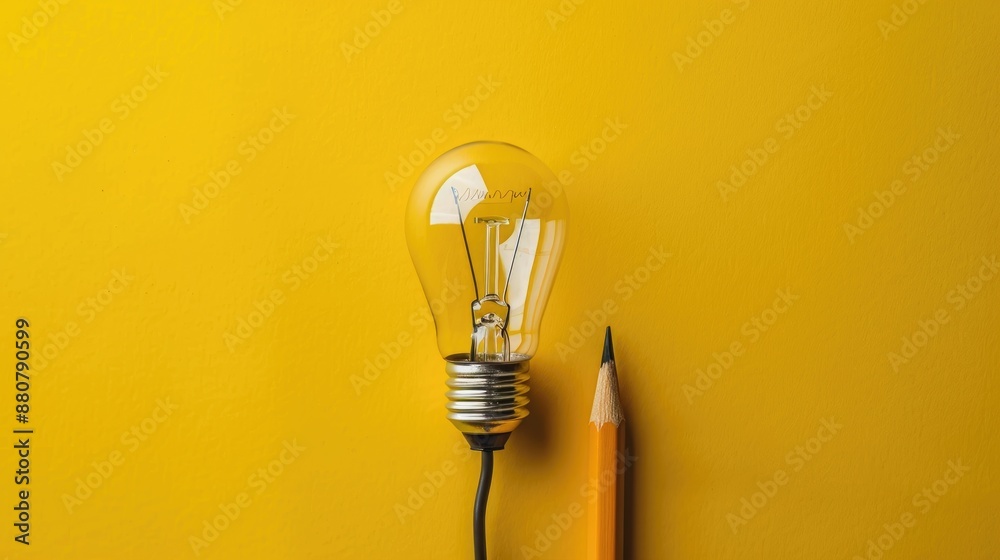 Creative Business Ideas Lightbulb and Pencil on Yellow Background for Success Creative Business Ideas Lightbulb and Pencil on Yellow Background for Success