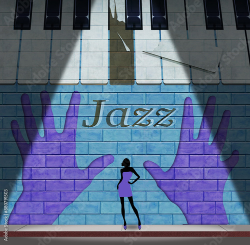 Wall Mural Jazz played so hard it breaks the piano keys is on a sign on a brick wall outside a jazz club at night