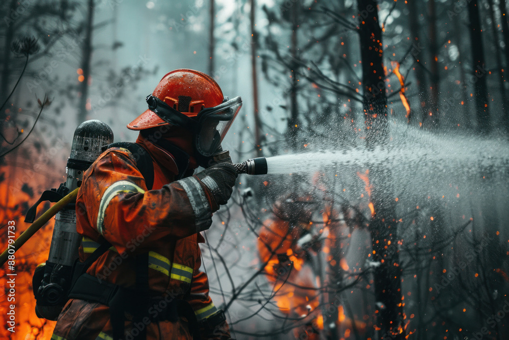 Naklejka premium Firefighter extinguishes forest. Lifeguard pours water from hose. Climate change, disasters.