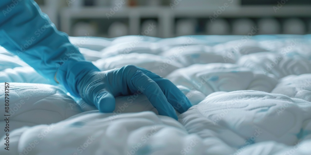 A person wearing blue gloves lies down on a bed, appearing relaxed A person wearing blue gloves lies down on a bed, appearing relaxed