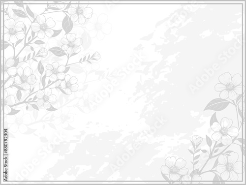 rectangular frame with flowers in two corners. pastel vector illustration using twigs, flowers and lines. elegant greeting card in gray and silver tones