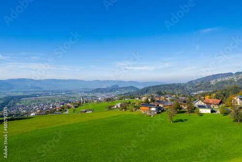 Village of Batschuns in the Rhein Valley, State of Vorarlberg, Austria, Drone Photography