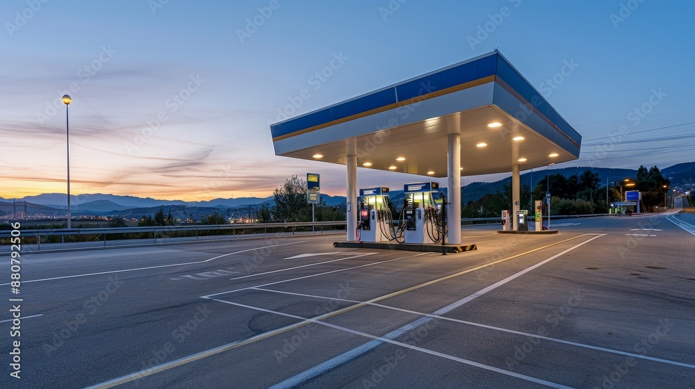 Serene Dawn at Gas Station - Empty Roads, Glowing Lights, Deep Depth of Field Serene Dawn at Gas Station - Empty Roads, Glowing Lights, Deep Depth of Field