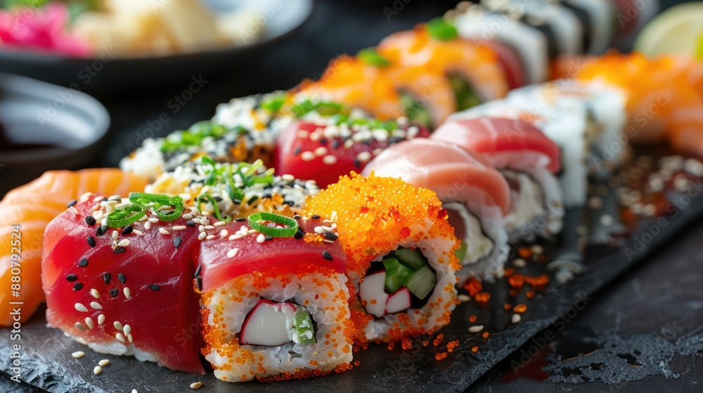 A plate of sushi with a variety of different types of sushi rolls A plate of sushi with a variety of different types of sushi rolls