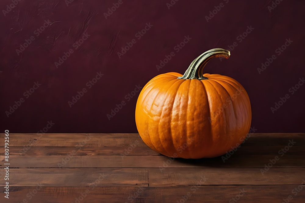 Orange pumpkin in a dark room on a wooden surface against a burgundy textured wall. Autumn and Thanksgiving decoration concept. Design for poster, banner, greeting card. Copy space Orange pumpkin in a dark room on a wooden surface against a burgundy textured wall. Autumn and Thanksgiving decoration concept. Design for poster, banner, greeting card. Copy space