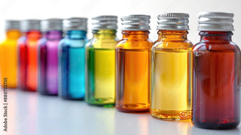 A row of colorful glass bottles lined up on a table A row of colorful glass bottles lined up on a table