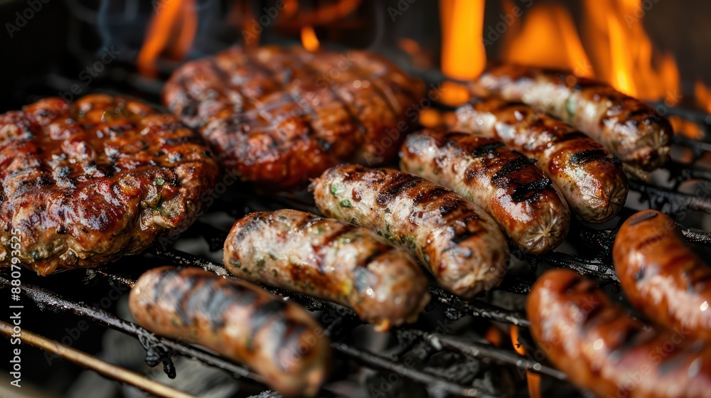 A grill with a variety of meats on it, including hot dogs, sausages A grill with a variety of meats on it, including hot dogs, sausages