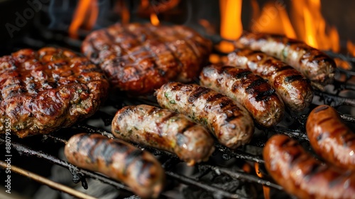 A grill with a variety of meats on it, including hot dogs, sausages