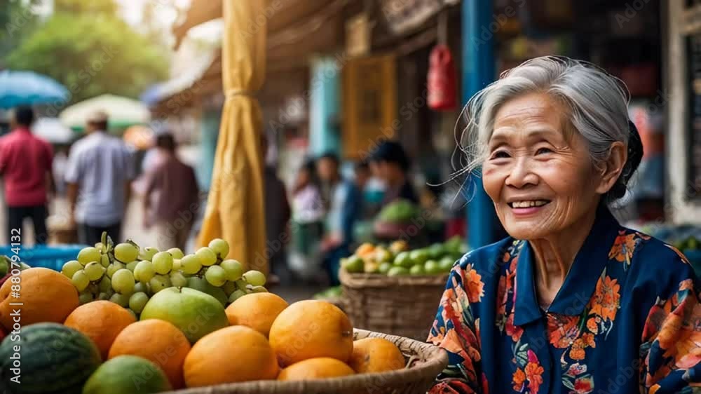 Happy Vietnamese elderly woman selling fruits at the market Happy Vietnamese elderly woman selling fruits at the market