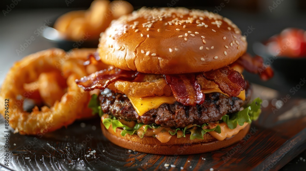 A large burger with bacon, onions A large burger with bacon, onions
