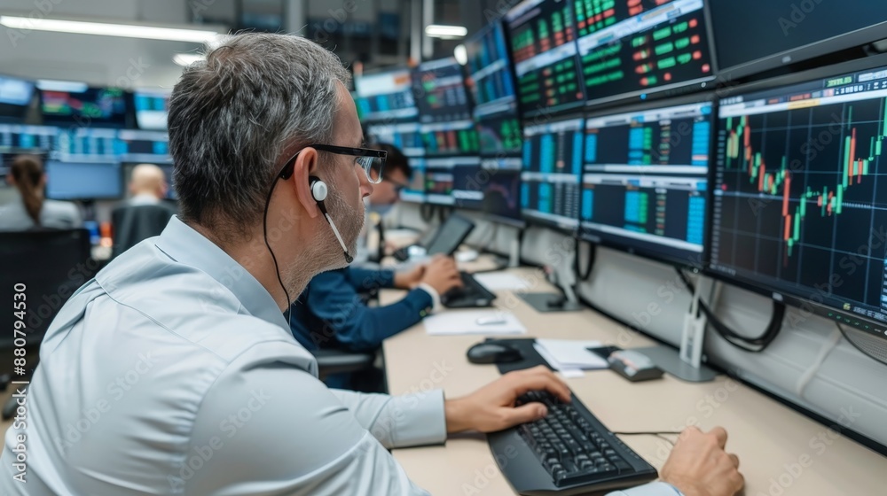 Dynamic Trading Floor Buzzing with Activity and Technology, Selective Focus on Monitors and Traders, Deep Depth of Field Dynamic Trading Floor Buzzing with Activity and Technology, Selective Focus on Monitors and Traders, Deep Depth of Field