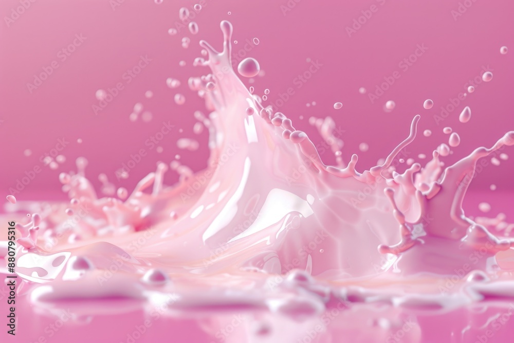 Close-up shot of a splash of milk on a pink surface, ideal for food, beauty or wellness concepts Close-up shot of a splash of milk on a pink surface, ideal for food, beauty or wellness concepts