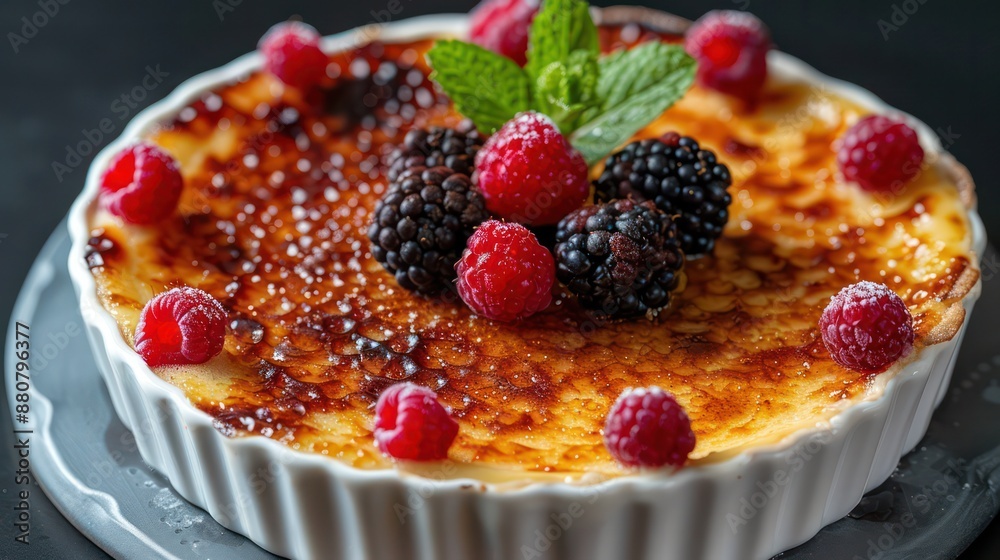 A dessert with a blueberry and raspberry on top A dessert with a blueberry and raspberry on top