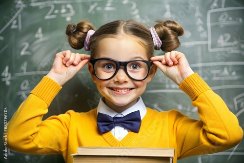 A pretty girl with glasses and books in her hands. The child goes to school for the first time. A child in the classroom on the background of a blackboard. Back to school.