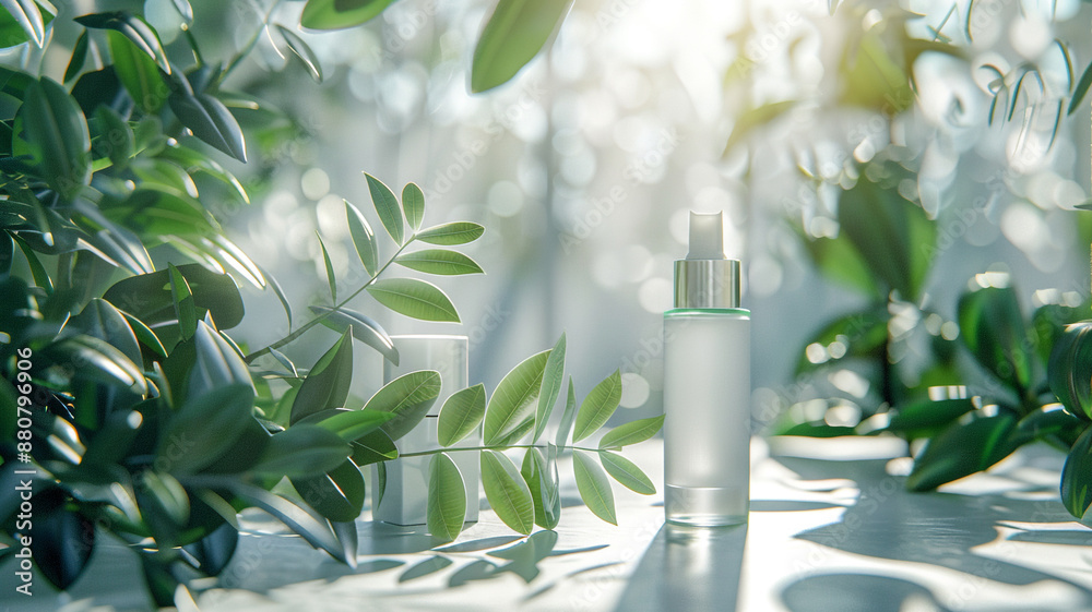 Advertising - optimistic realistic photo of cosmetic on white drugstore background with plant element natural light Advertising - optimistic realistic photo of cosmetic on white drugstore background with plant element natural light