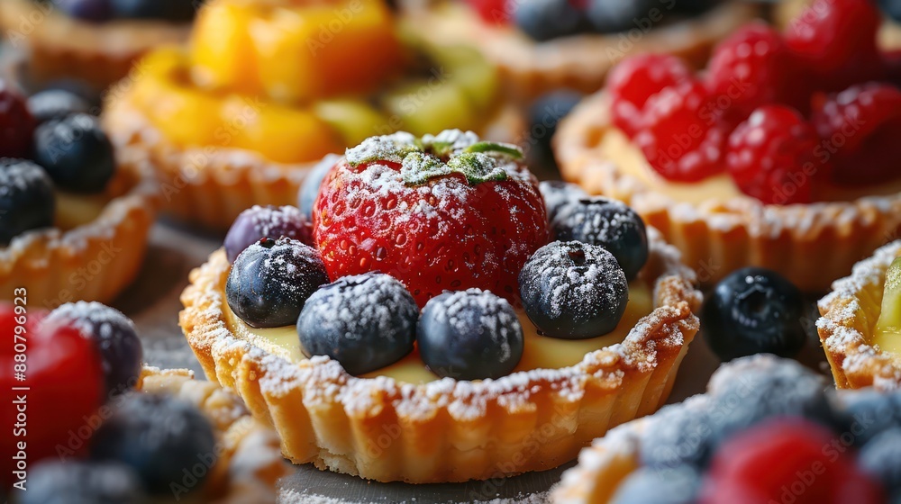 A variety of fruit tarts are displayed on a table, including blueberry A variety of fruit tarts are displayed on a table, including blueberry