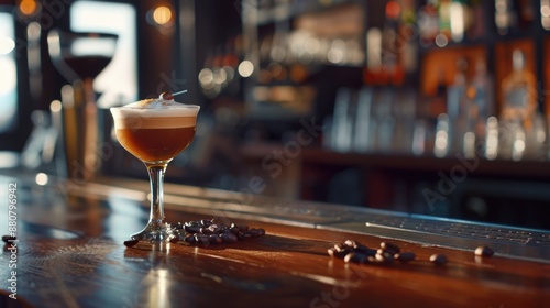 A drink perched on the edge of a wooden bar, ready to be enjoyed