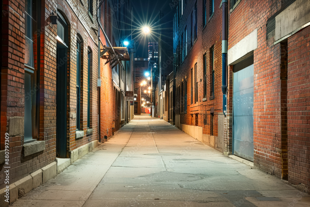 Night view of an empty urban alleyway with brick buildings and street lights, creating a moody atmosphere. Night view of an empty urban alleyway with brick buildings and street lights, creating a moody atmosphere.