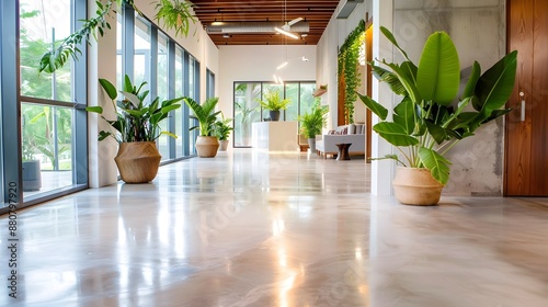 Bright and Modern Concrete Interior with Antimicrobial Technology and Lush Greenery