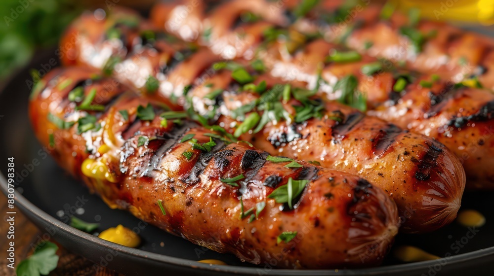 Close-up of grilled sausages with herbs and mustard on a plate. Close-up of grilled sausages with herbs and mustard on a plate.