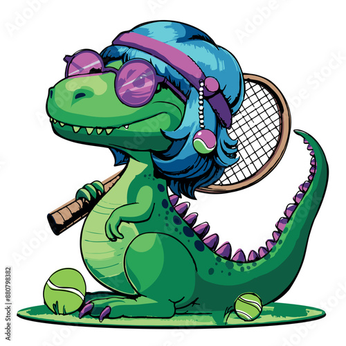 cartoon dinosaur playing tennis vector