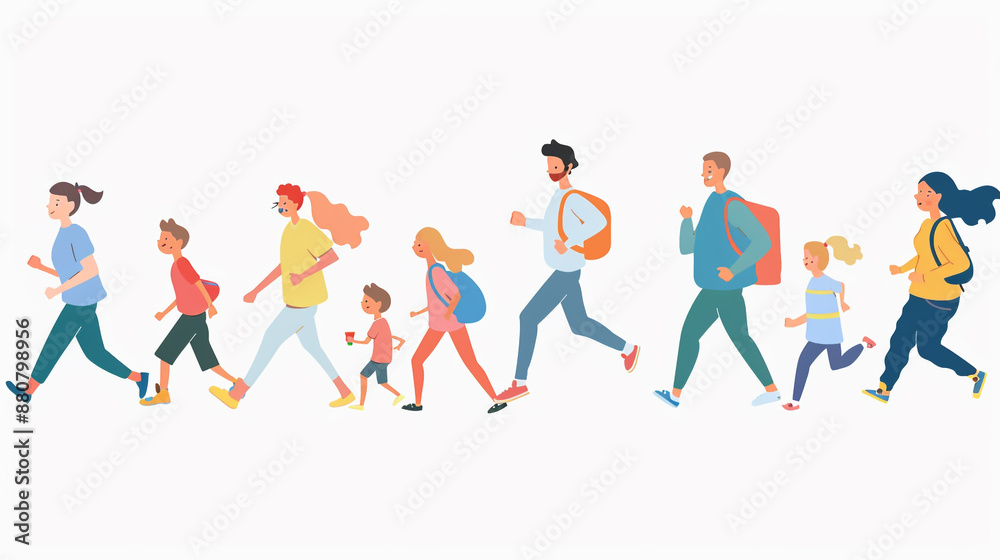Children's drawings show a family and friends jogging. Cartoon style and white background. Children's drawings show a family and friends jogging. Cartoon style and white background.