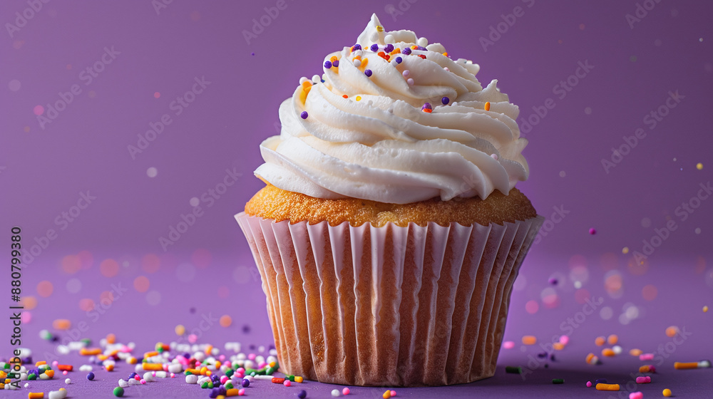 Delicious cupcake with cream on purple background Delicious cupcake with cream on purple background