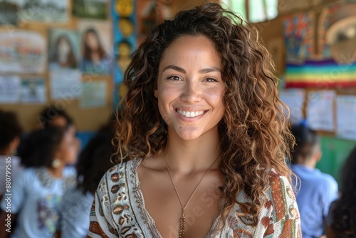 Smiling young woman in a classroom setting with children in the background, showcasing a vibrant educational environment.