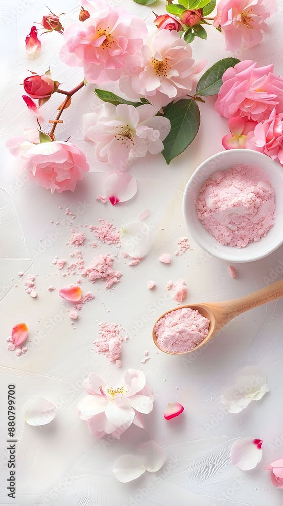Romantic Rose Flower Petals and Powder in Bowl on Tabletop