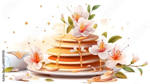 Stacked Pancakes with Rhododendron Flower Decorative Food Composition photo