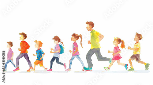 Children's drawings show a family and friends jogging. Cartoon style and white background.