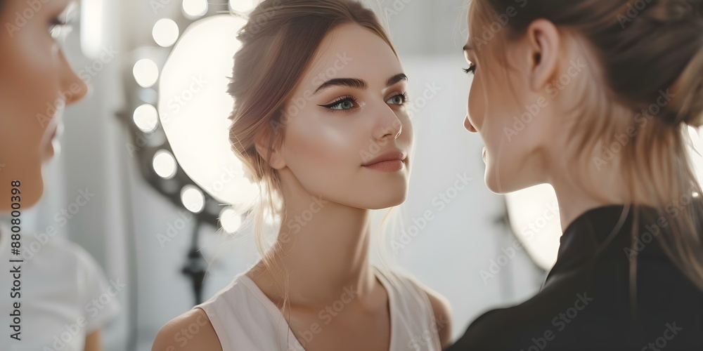 Fashion stylist and hairdresser at beauty salon doing makeup and portraits. Concept Fashion Stylist, Hairdresser, Beauty Salon, Makeup, Portraits Fashion stylist and hairdresser at beauty salon doing makeup and portraits. Concept Fashion Stylist, Hairdresser, Beauty Salon, Makeup, Portraits