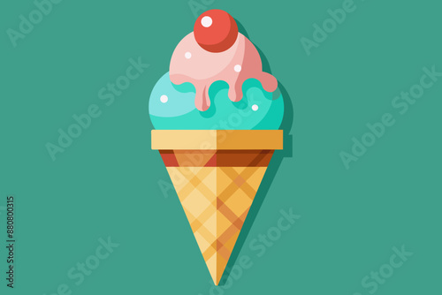 Ice cream in a waffle cone. Flat design vector illustration.