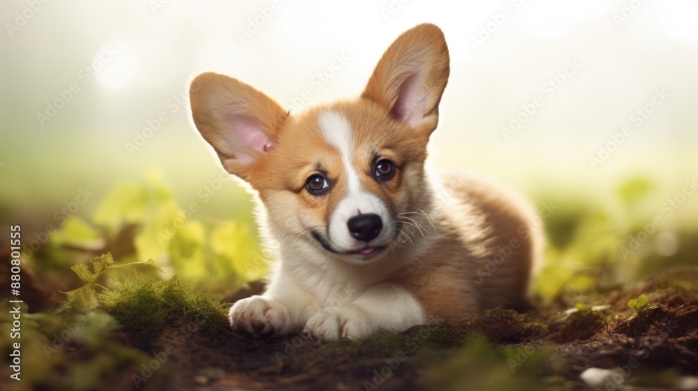 A small brown and white dog relaxing in a green meadow A small brown and white dog relaxing in a green meadow
