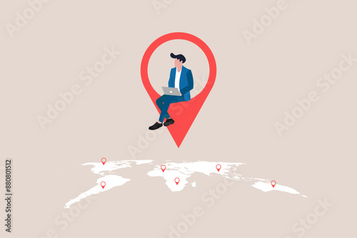 Businessman working remotely with computer laptop on location map pin. Expansion business, remote job or distance work, virtual office or working anywhere