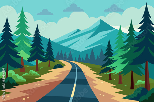 Road in the forest. Vector illustration in flat cartoon style. Road in the mountains.