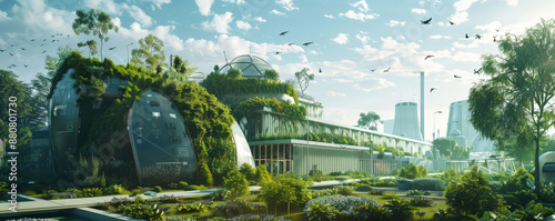 A futuristic recycling facility with green energy sources powering the plant, demonstrating a commitment to sustainable and eco-friendly waste management.