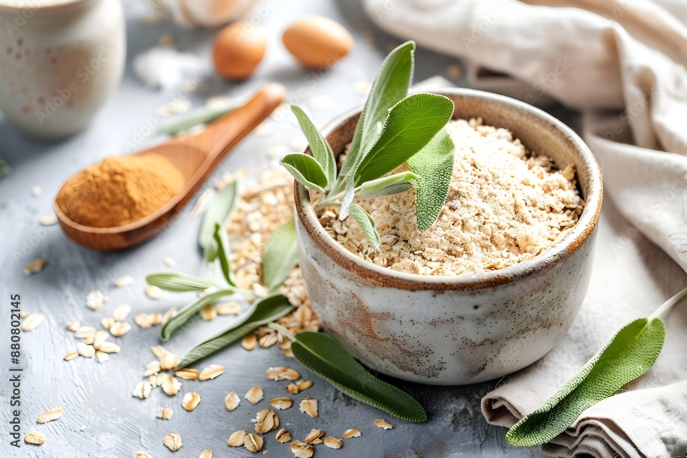 Oatmeal Bowl Sprinkled with Dried Sage on Rustic Wooden Table Oatmeal Bowl Sprinkled with Dried Sage on Rustic Wooden Table