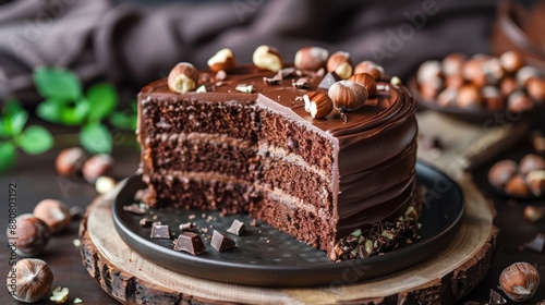 Hazelnut cake with chocolate frosting and hazelnut pieces. © Charoen