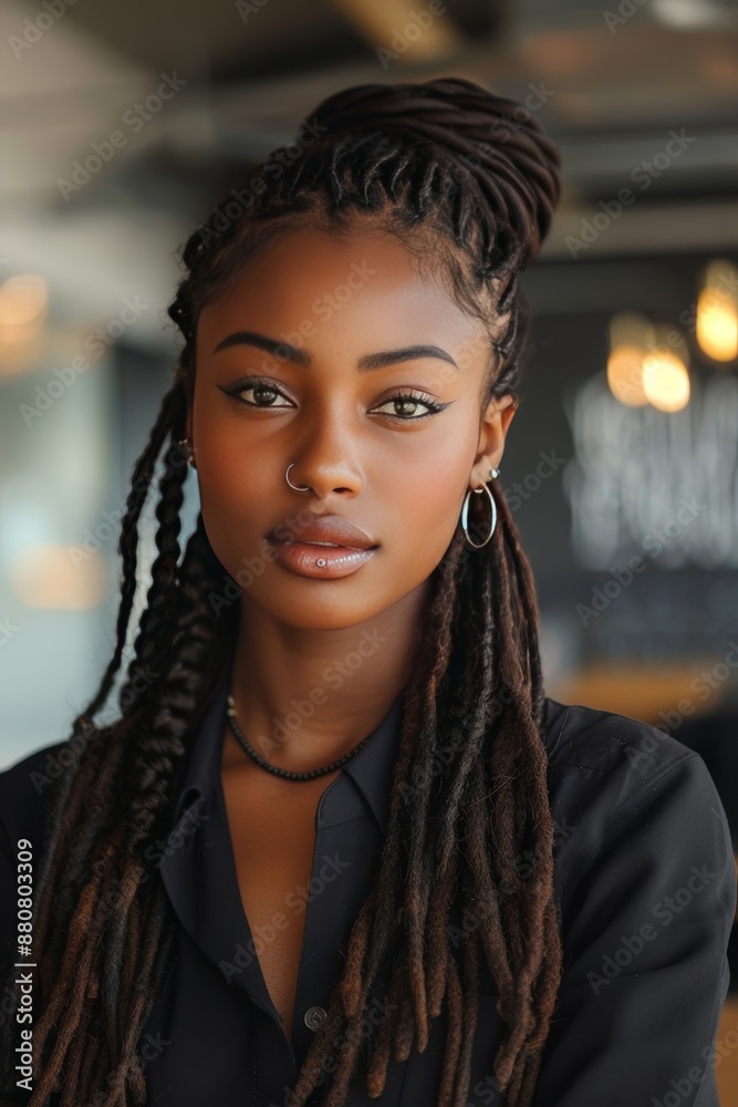 photo of a young black woman with long braided hair, nose ring, wearing business clothes, at a modern office photo of a young black woman with long braided hair, nose ring, wearing business clothes, at a modern office